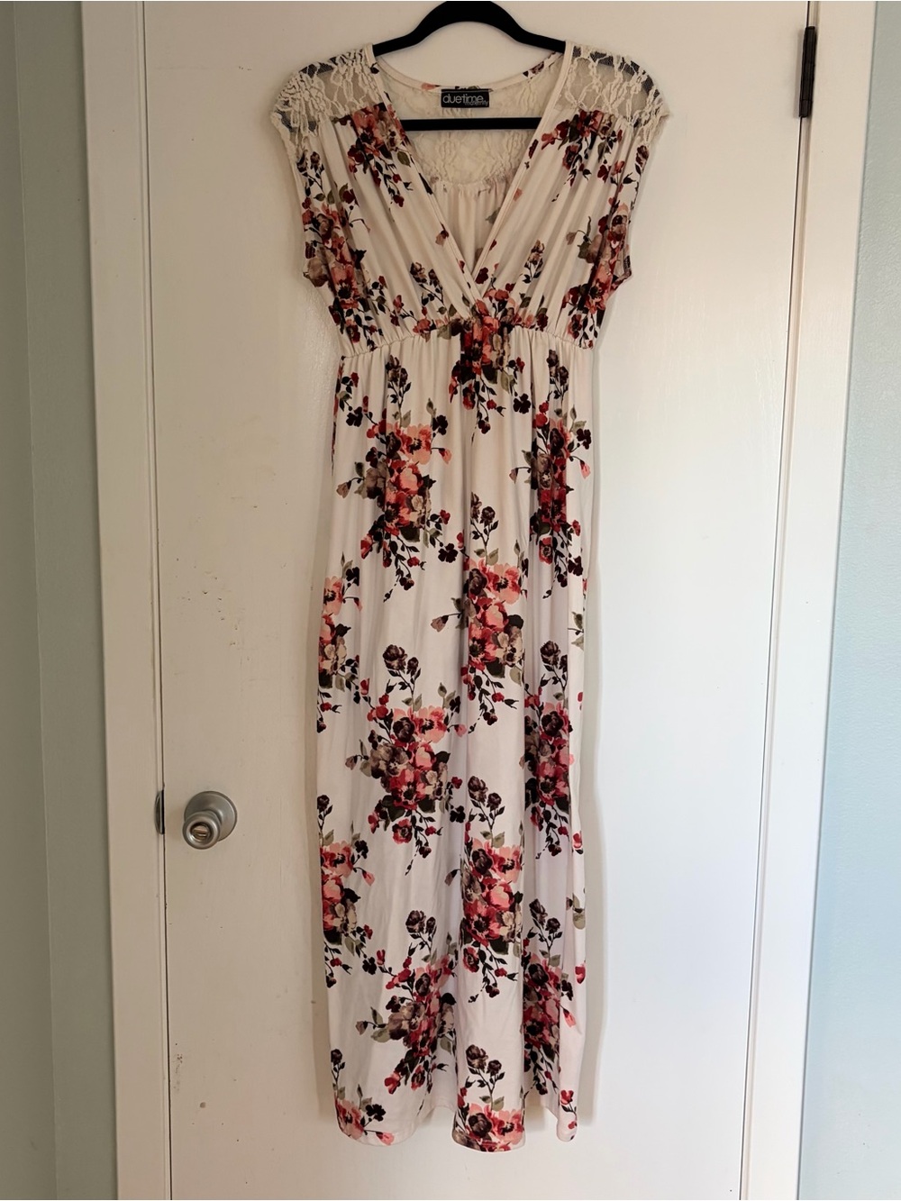 Maternity White and Pink Floral Maxi Dress with Lace Shoulders